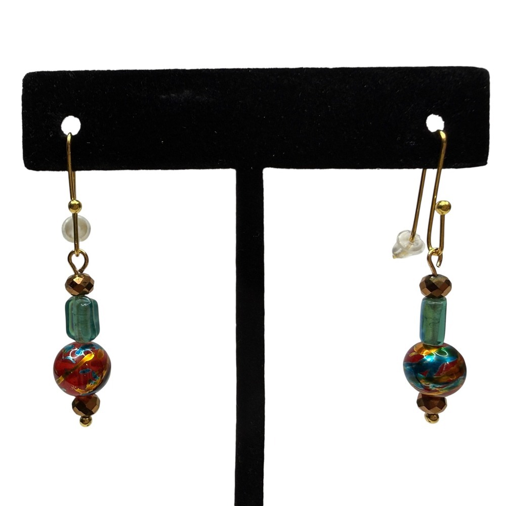 Artisan Lampwork Style Glass Dangle Earrings Gold Tone Beaded Dainty Jewelry 1in
